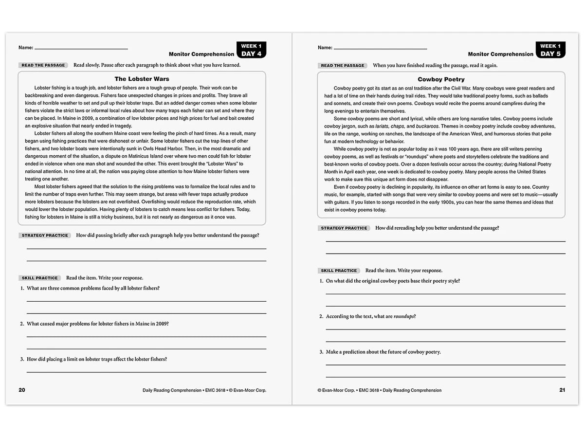 Daily Reading Comprehension Activities Workbook - Gr. 8 - US 5143